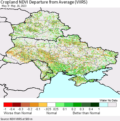 Ukraine, Moldova and Belarus Cropland NDVI Departure from Average (VIIRS) Thematic Map For 5/9/2023 - 5/16/2023