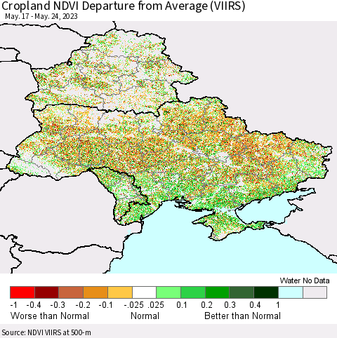 Ukraine, Moldova and Belarus Cropland NDVI Departure from Average (VIIRS) Thematic Map For 5/17/2023 - 5/24/2023