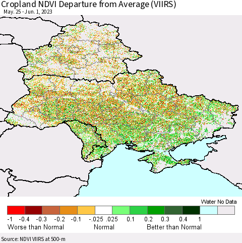Ukraine, Moldova and Belarus Cropland NDVI Departure from Average (VIIRS) Thematic Map For 5/25/2023 - 6/1/2023