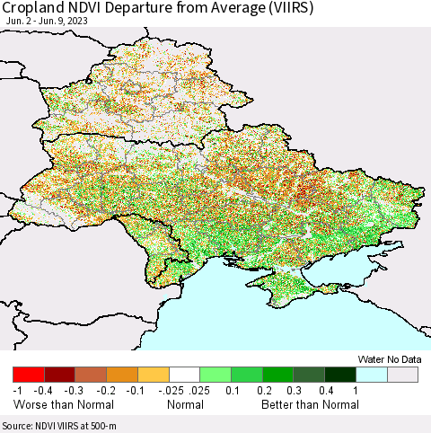 Ukraine, Moldova and Belarus Cropland NDVI Departure from Average (VIIRS) Thematic Map For 6/2/2023 - 6/9/2023
