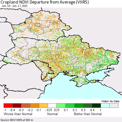 Ukraine, Moldova and Belarus Cropland NDVI Departure from Average (VIIRS) Thematic Map For 6/10/2023 - 6/17/2023