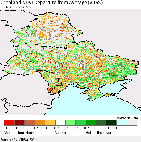 Ukraine, Moldova and Belarus Cropland NDVI Departure from Average (VIIRS) Thematic Map For 6/18/2023 - 6/25/2023
