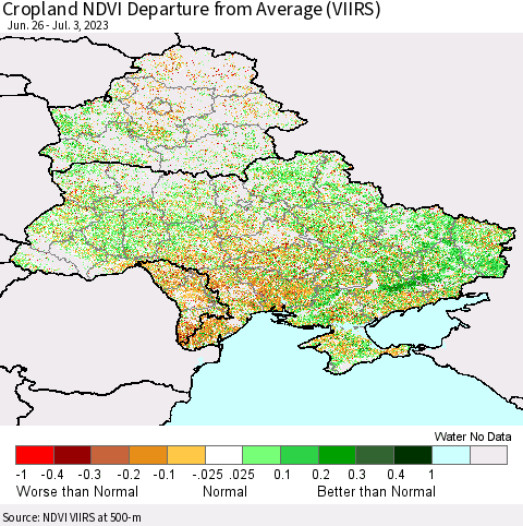 Ukraine, Moldova and Belarus Cropland NDVI Departure from Average (VIIRS) Thematic Map For 6/26/2023 - 7/3/2023
