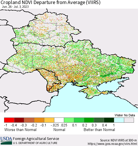 Ukraine, Moldova and Belarus Cropland NDVI Departure from Average (VIIRS) Thematic Map For 7/1/2023 - 7/10/2023