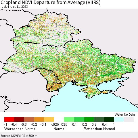 Ukraine, Moldova and Belarus Cropland NDVI Departure from Average (VIIRS) Thematic Map For 7/4/2023 - 7/11/2023