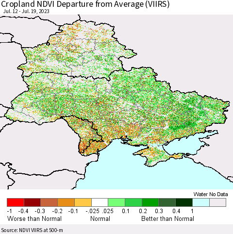 Ukraine, Moldova and Belarus Cropland NDVI Departure from Average (VIIRS) Thematic Map For 7/12/2023 - 7/19/2023