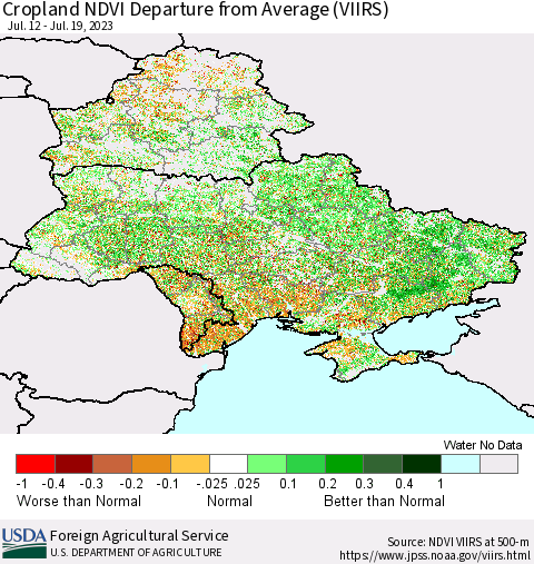 Ukraine, Moldova and Belarus Cropland NDVI Departure from Average (VIIRS) Thematic Map For 7/11/2023 - 7/20/2023
