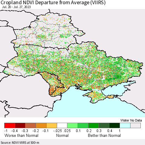 Ukraine, Moldova and Belarus Cropland NDVI Departure from Average (VIIRS) Thematic Map For 7/20/2023 - 7/27/2023