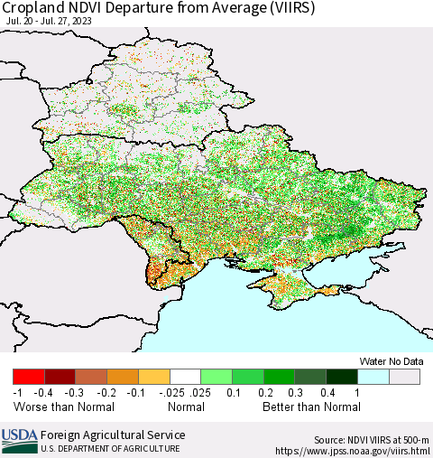 Ukraine, Moldova and Belarus Cropland NDVI Departure from Average (VIIRS) Thematic Map For 7/21/2023 - 7/31/2023