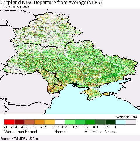 Ukraine, Moldova and Belarus Cropland NDVI Departure from Average (VIIRS) Thematic Map For 7/28/2023 - 8/4/2023