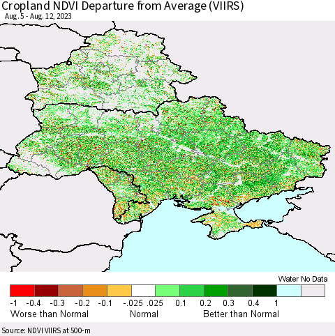 Ukraine, Moldova and Belarus Cropland NDVI Departure from Average (VIIRS) Thematic Map For 8/5/2023 - 8/12/2023
