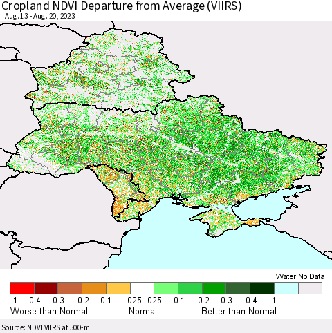 Ukraine, Moldova and Belarus Cropland NDVI Departure from Average (VIIRS) Thematic Map For 8/11/2023 - 8/20/2023