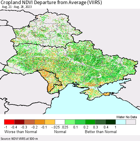 Ukraine, Moldova and Belarus Cropland NDVI Departure from Average (VIIRS) Thematic Map For 8/21/2023 - 8/28/2023