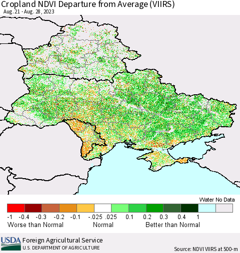 Ukraine, Moldova and Belarus Cropland NDVI Departure from Average (VIIRS) Thematic Map For 8/21/2023 - 8/31/2023