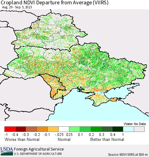 Ukraine, Moldova and Belarus Cropland NDVI Departure from Average (VIIRS) Thematic Map For 9/1/2023 - 9/10/2023