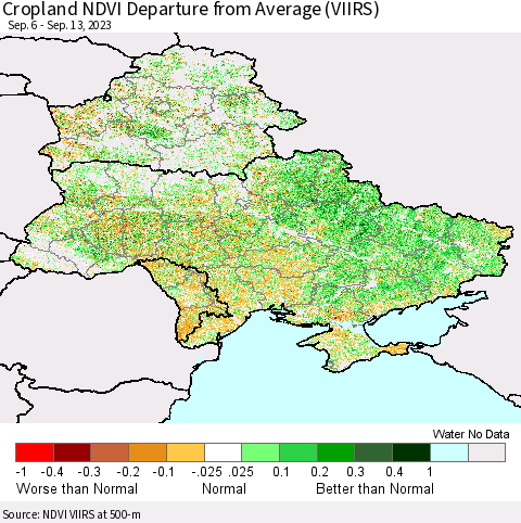 Ukraine, Moldova and Belarus Cropland NDVI Departure from Average (VIIRS) Thematic Map For 9/6/2023 - 9/13/2023
