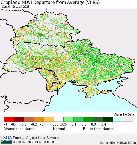 Ukraine, Moldova and Belarus Cropland NDVI Departure from Average (VIIRS) Thematic Map For 9/11/2023 - 9/20/2023