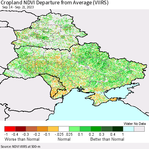 Ukraine, Moldova and Belarus Cropland NDVI Departure from Average (VIIRS) Thematic Map For 9/14/2023 - 9/21/2023