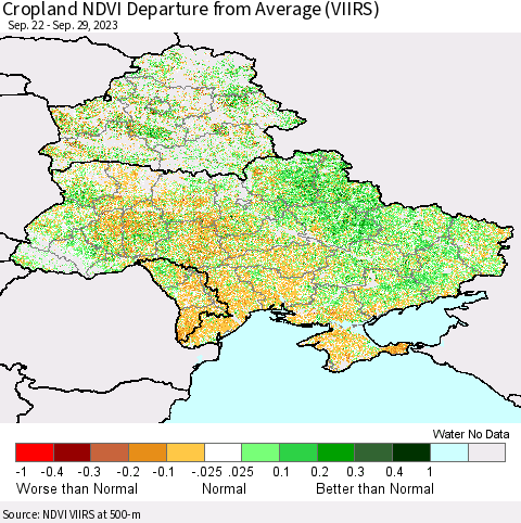 Ukraine, Moldova and Belarus Cropland NDVI Departure from Average (VIIRS) Thematic Map For 9/22/2023 - 9/29/2023