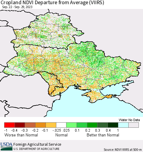 Ukraine, Moldova and Belarus Cropland NDVI Departure from Average (VIIRS) Thematic Map For 9/21/2023 - 9/30/2023