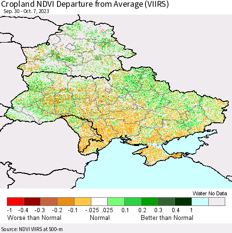 Ukraine, Moldova and Belarus Cropland NDVI Departure from Average (VIIRS) Thematic Map For 9/30/2023 - 10/7/2023