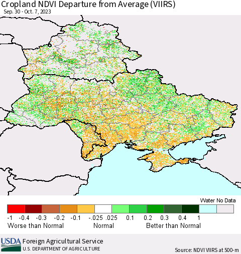 Ukraine, Moldova and Belarus Cropland NDVI Departure from Average (VIIRS) Thematic Map For 10/1/2023 - 10/10/2023