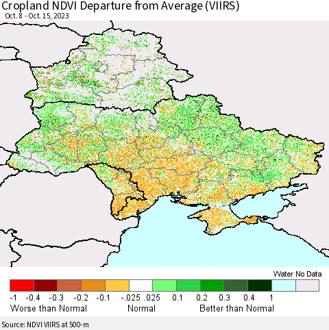 Ukraine, Moldova and Belarus Cropland NDVI Departure from Average (VIIRS) Thematic Map For 10/8/2023 - 10/15/2023