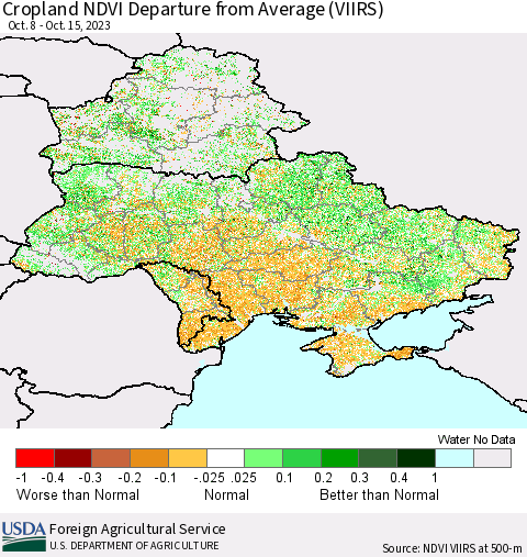 Ukraine, Moldova and Belarus Cropland NDVI Departure from Average (VIIRS) Thematic Map For 10/11/2023 - 10/20/2023
