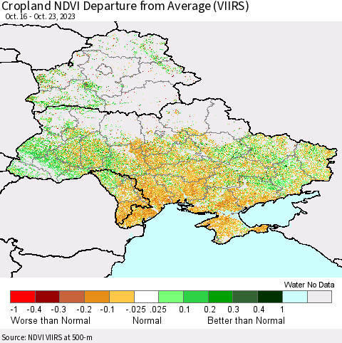 Ukraine, Moldova and Belarus Cropland NDVI Departure from Average (VIIRS) Thematic Map For 10/16/2023 - 10/23/2023
