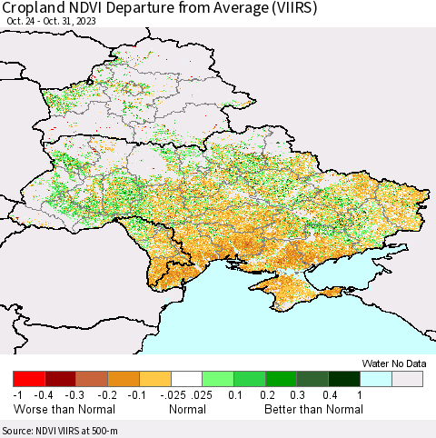 Ukraine, Moldova and Belarus Cropland NDVI Departure from Average (VIIRS) Thematic Map For 10/21/2023 - 10/31/2023