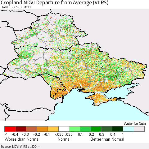 Ukraine, Moldova and Belarus Cropland NDVI Departure from Average (VIIRS) Thematic Map For 11/1/2023 - 11/8/2023