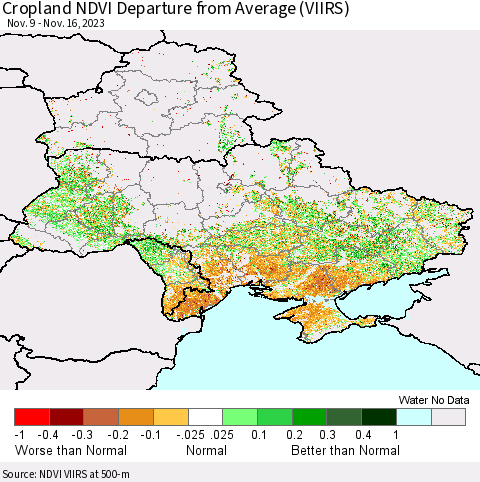 Ukraine, Moldova and Belarus Cropland NDVI Departure from Average (VIIRS) Thematic Map For 11/9/2023 - 11/16/2023