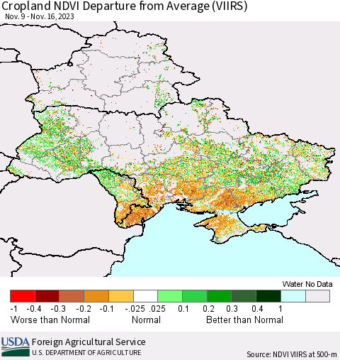 Ukraine, Moldova and Belarus Cropland NDVI Departure from Average (VIIRS) Thematic Map For 11/11/2023 - 11/20/2023