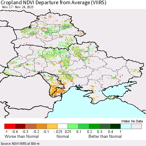 Ukraine, Moldova and Belarus Cropland NDVI Departure from Average (VIIRS) Thematic Map For 11/17/2023 - 11/24/2023