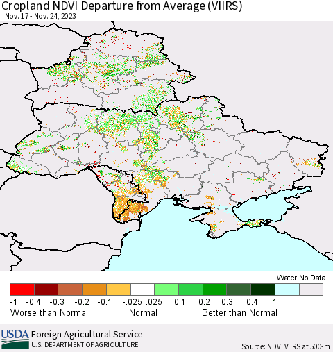 Ukraine, Moldova and Belarus Cropland NDVI Departure from Average (VIIRS) Thematic Map For 11/21/2023 - 11/30/2023