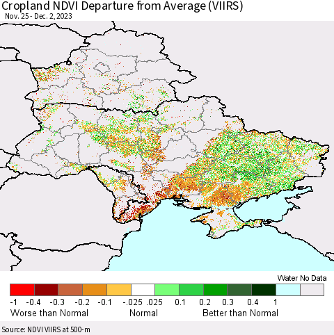 Ukraine, Moldova and Belarus Cropland NDVI Departure from Average (VIIRS) Thematic Map For 11/25/2023 - 12/2/2023