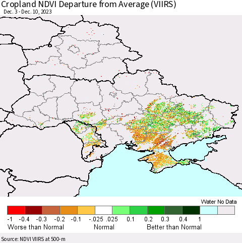Ukraine, Moldova and Belarus Cropland NDVI Departure from Average (VIIRS) Thematic Map For 12/1/2023 - 12/10/2023