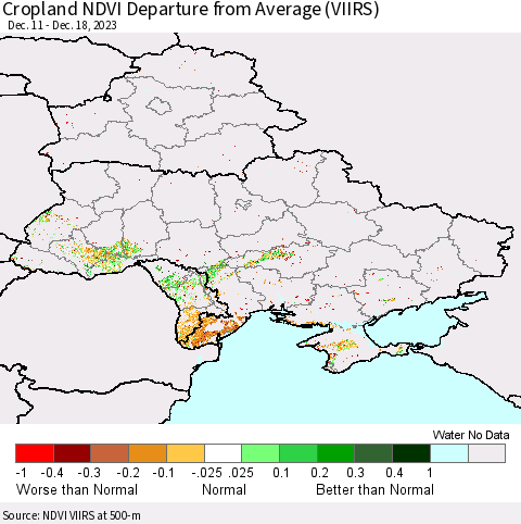 Ukraine, Moldova and Belarus Cropland NDVI Departure from Average (VIIRS) Thematic Map For 12/11/2023 - 12/18/2023