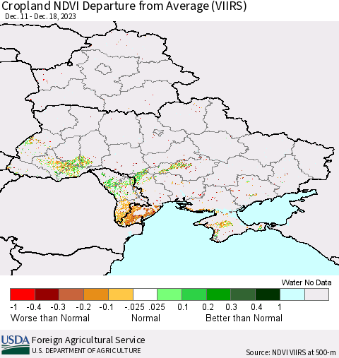 Ukraine, Moldova and Belarus Cropland NDVI Departure from Average (VIIRS) Thematic Map For 12/11/2023 - 12/20/2023