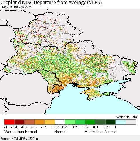 Ukraine, Moldova and Belarus Cropland NDVI Departure from Average (VIIRS) Thematic Map For 12/19/2023 - 12/26/2023