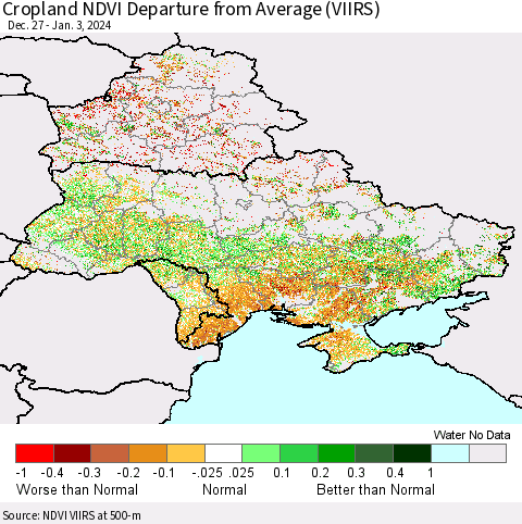 Ukraine, Moldova and Belarus Cropland NDVI Departure from Average (VIIRS) Thematic Map For 12/27/2023 - 1/3/2024