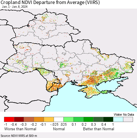 Ukraine, Moldova and Belarus Cropland NDVI Departure from Average (VIIRS) Thematic Map For 1/1/2024 - 1/8/2024