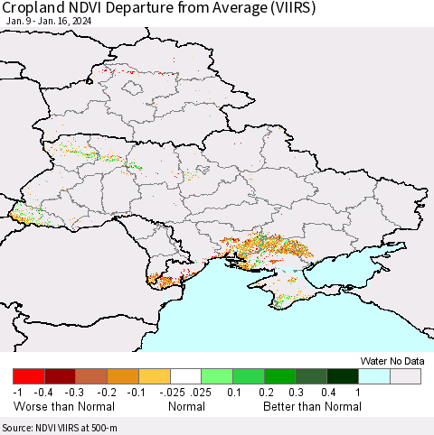 Ukraine, Moldova and Belarus Cropland NDVI Departure from Average (VIIRS) Thematic Map For 1/9/2024 - 1/16/2024
