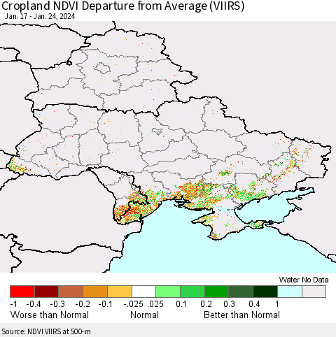 Ukraine, Moldova and Belarus Cropland NDVI Departure from Average (VIIRS) Thematic Map For 1/17/2024 - 1/24/2024