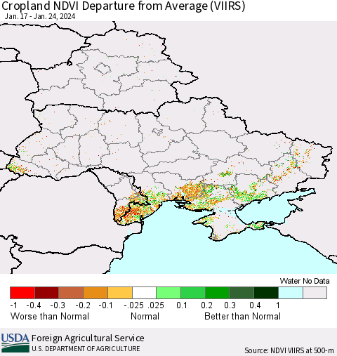 Ukraine, Moldova and Belarus Cropland NDVI Departure from Average (VIIRS) Thematic Map For 1/21/2024 - 1/31/2024