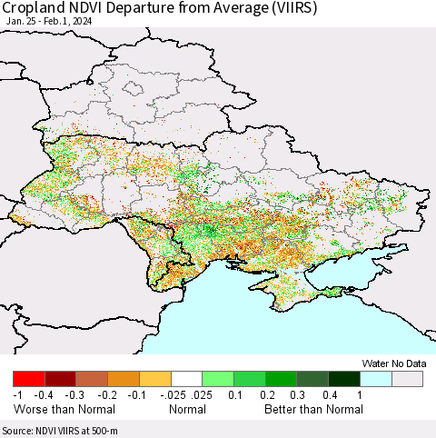 Ukraine, Moldova and Belarus Cropland NDVI Departure from Average (VIIRS) Thematic Map For 1/25/2024 - 2/1/2024