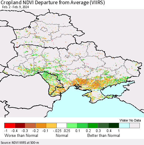 Ukraine, Moldova and Belarus Cropland NDVI Departure from Average (VIIRS) Thematic Map For 2/2/2024 - 2/9/2024