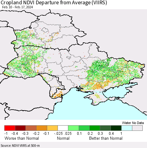 Ukraine, Moldova and Belarus Cropland NDVI Departure from Average (VIIRS) Thematic Map For 2/10/2024 - 2/17/2024