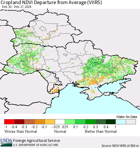 Ukraine, Moldova and Belarus Cropland NDVI Departure from Average (VIIRS) Thematic Map For 2/11/2024 - 2/20/2024