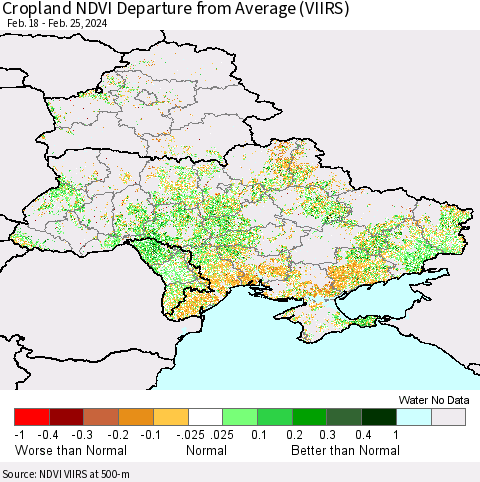 Ukraine, Moldova and Belarus Cropland NDVI Departure from Average (VIIRS) Thematic Map For 2/18/2024 - 2/25/2024